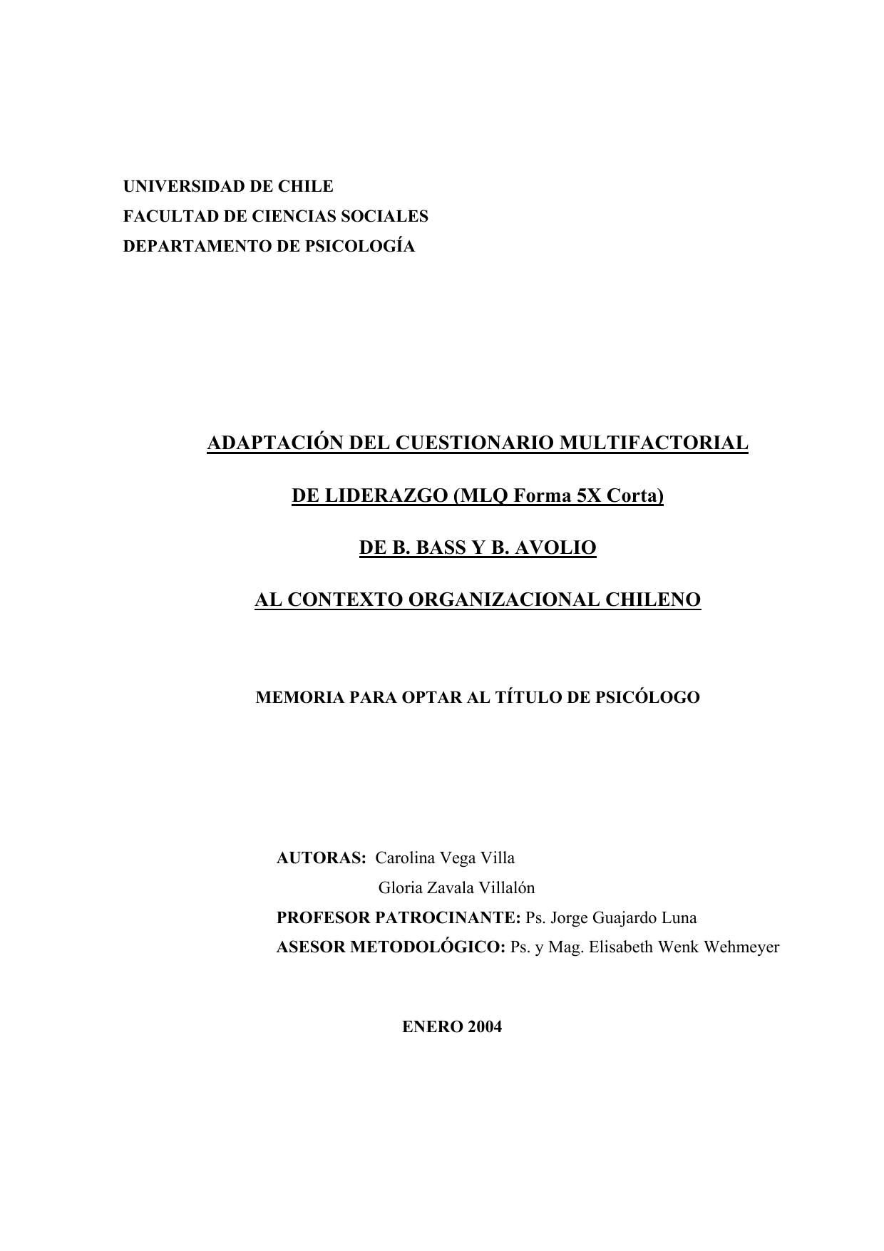 Adaptacion del cuestionario multifactorial de liderazgo de B. Bass y B. Avolo al contexto organizacional chileno